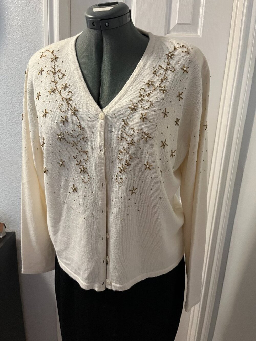 Karen Scott Women’s Beaded Sweater – White - Size L